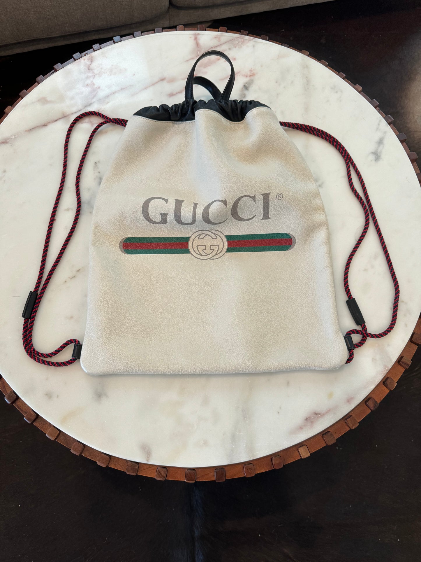 Gucci Cream Drawstring Print Leather Backpack